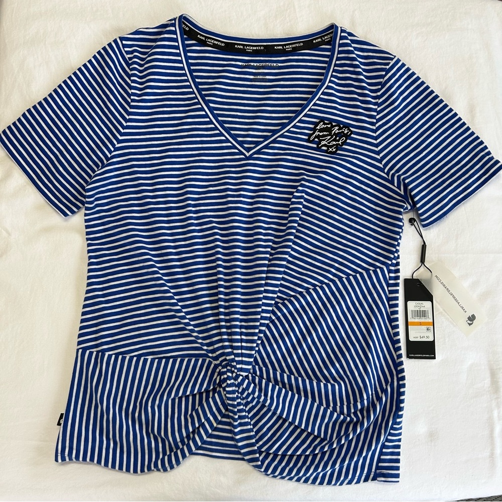 Karl Lagerfeld DEFECTIVE Blue Striped V-Neck Women's Top